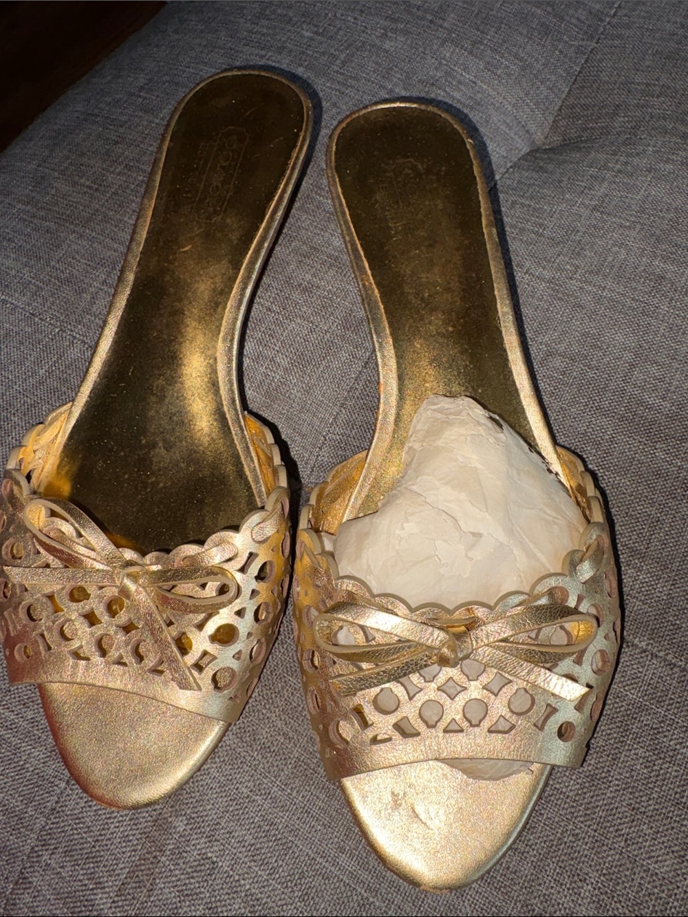 Coach Gold Leather Laser-Cut Bow Mules
